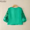 ZANZEA Women Casual Round Neck Embroidery Mesh Splice 3/4 Sleeve Satin Blouse
