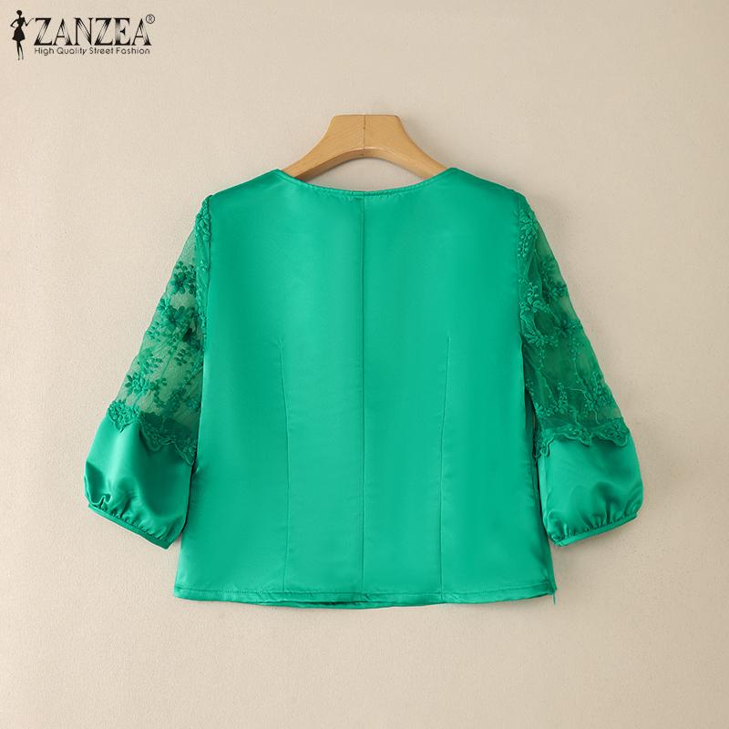 ZANZEA Women Casual Round Neck Embroidery Mesh Splice 3/4 Sleeve Satin Blouse
