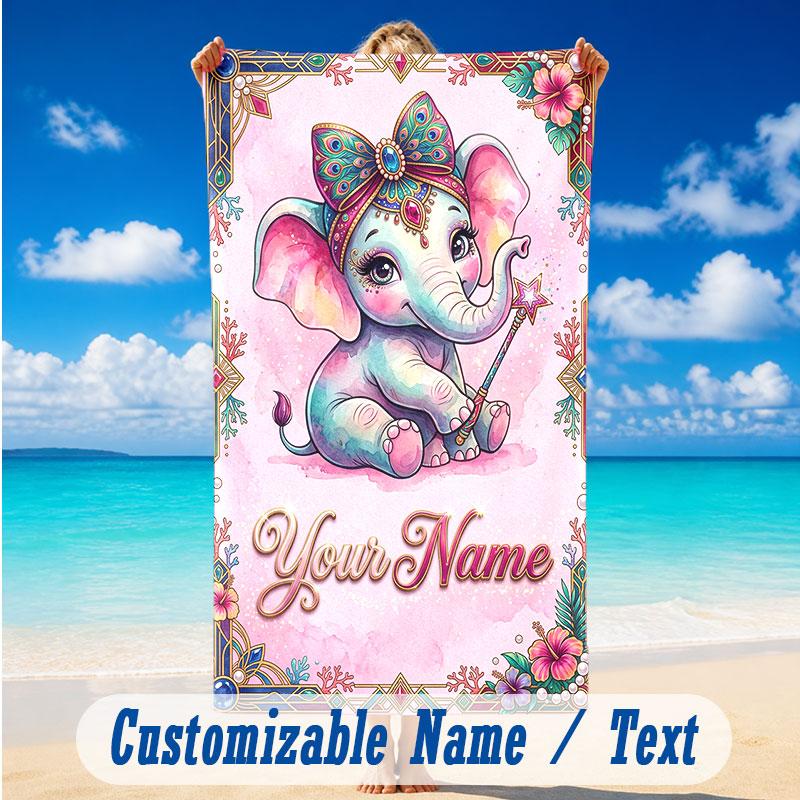 Elephant Theme Beach Towel Personalized Custom Name & Text Soft Quick Dry Beach Towel for Swimming Travel