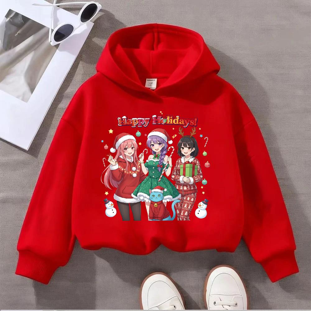 Festive Christmas Kids Hoodie with Adorable Anime Girls and Cute Cat Design for Season's Greetings