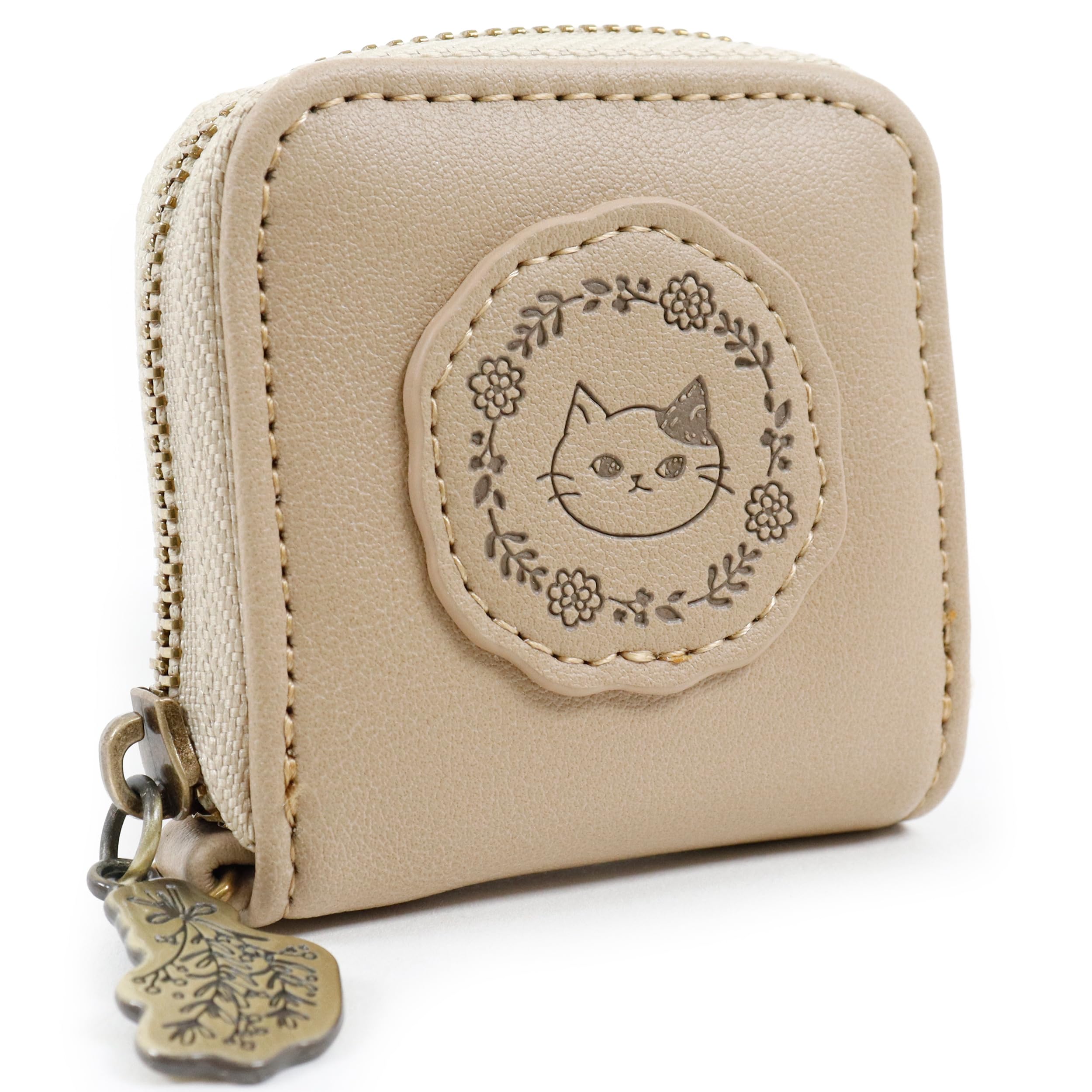 Chanfee Mini Coin Purse with Cute Cat Wreath Pattern and Embossed Belt Women s Zipper-Round (Beige) бежевый
