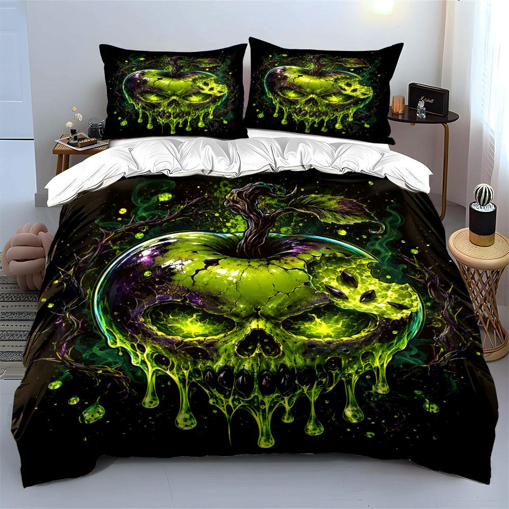 "Green Glowing Skull Apple Art" Bedding Duvet Cover Set  (1*Duvet Cover 2*Pillowcases, without duvet insert)