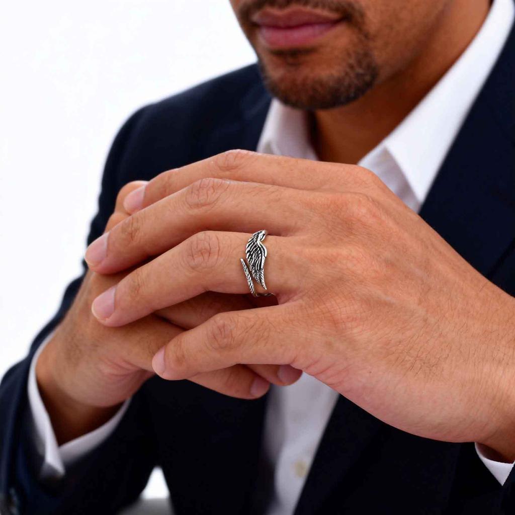 Retro Wings Ring for Men,Gothic Devil Wings Adjustable Metal Ring,Punk Hip Hop Jewelry Gift