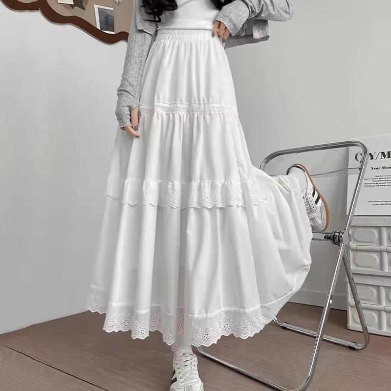 Women's Spring/Summer Lace-Trimmed Tiered Skirt, A-Line Skirt, Slimming Midi-Length Puffy Skirt