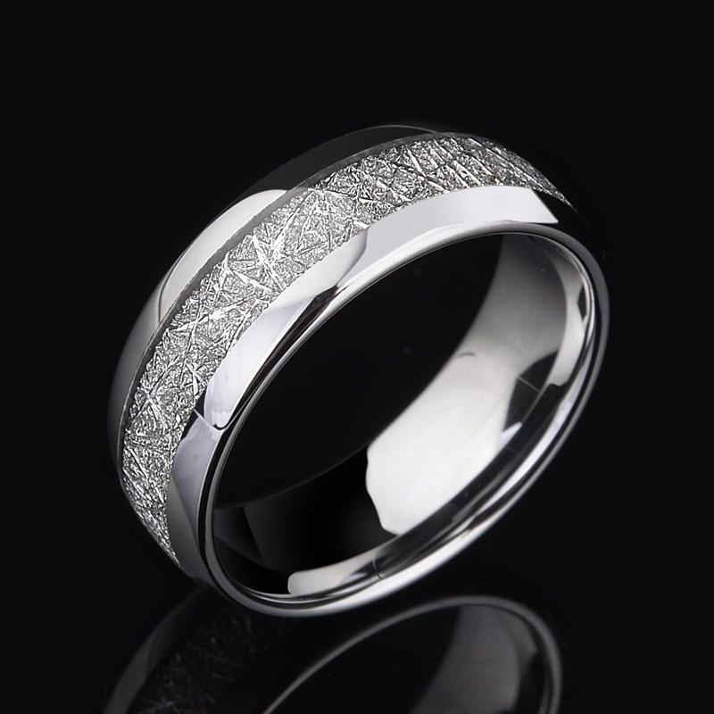 8mm Width Meteorite Stone Pattern Inlaid Silver Color Tungsten Steel Ring Couple Wedding Band Engagement Jewelry