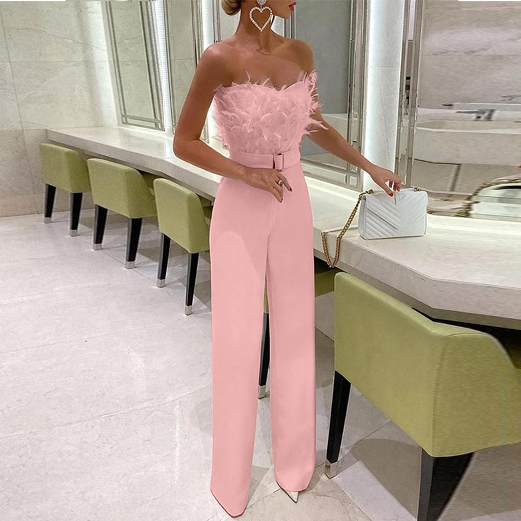 Women's Fashion Casual Feather Top Breast Sexy Sleeveless Jumpsuits