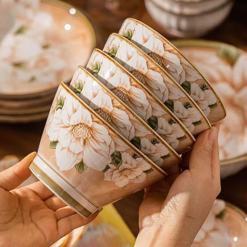 Persson Camellia Underglaze Ceramic 5-Inch Conical Bowl Set