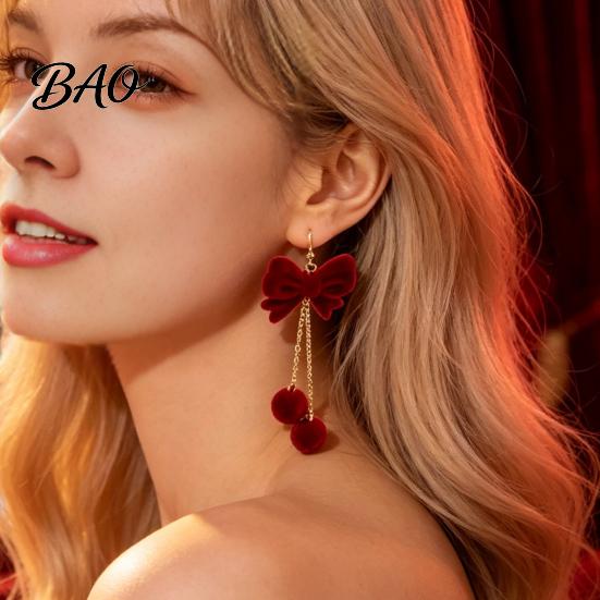 Christmas Gift for Her 1 Pair Velvet Bow Earrings Women, Red Bowknot Dangle Drop Charming Holiday Party Jewelry with Ball Charm, New Year Xmas
