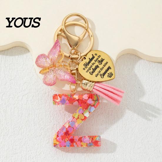 Keychain Pendant Pendant, Sequins Initial Letter Charm Key Chain with Butterfly Tassel Stainless Durable Steel Heart Design, A-Z Holder for Bag