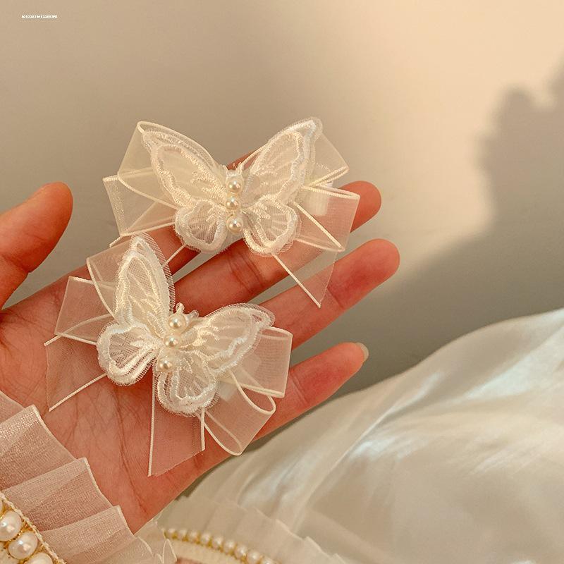 White Mesh Butterfly Pearl Hair Clip - Women's Duckbill Hairpin Bow Accessory