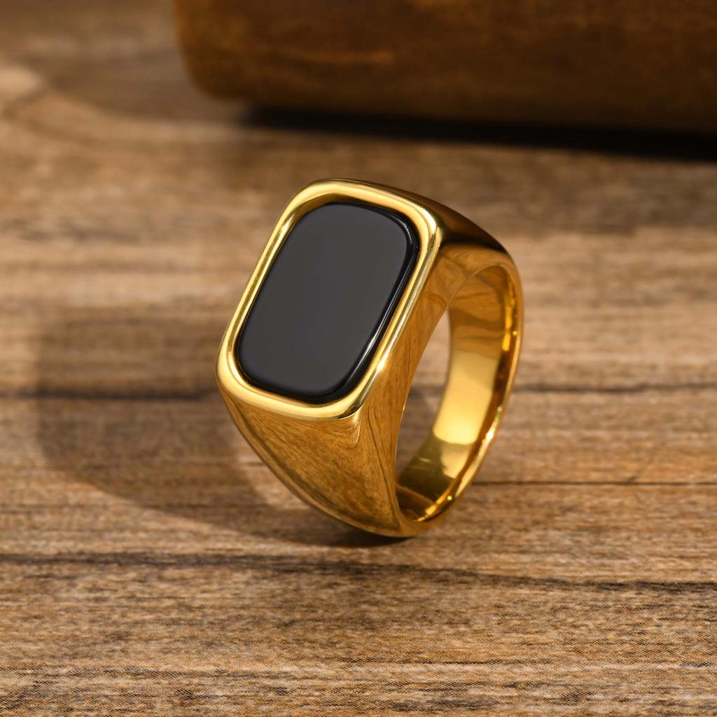 New Fashion Signet Rings for Men, Geometric Rectangle Black Stone Top Ring, Waterproof Gold Color Stainless Steel Finger Bands