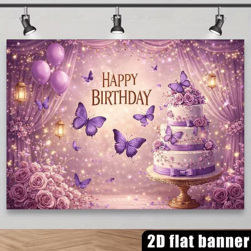 2D 2D Flat Purple Happy Birthday Backdrop Banner for Women Birthday Party