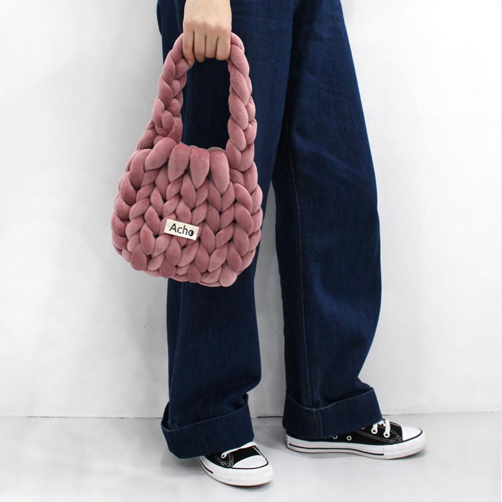 Acho Velvet Knitted Pom-Pom Tote Bag_Deep Pink