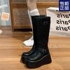 Black Versatile British Style But Knee Thick-soled Boots Women's New Autumn Height-increasing and Thin Knight Boots