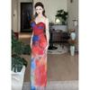Xiaoke Wiwi Western Style Mesh Ink Painting Print Sling Vacation Dress Summer Fishbone Slim Fit Sheath Long Dress