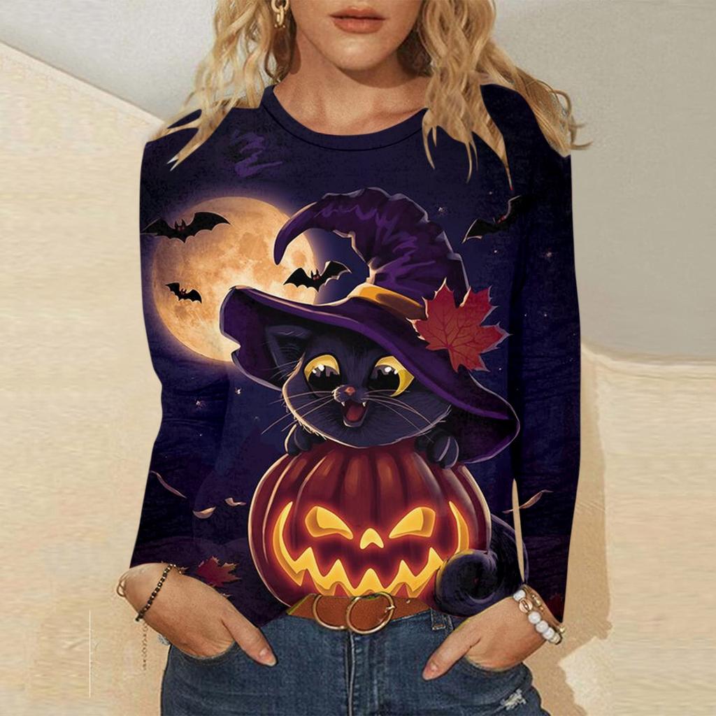 Women's Casual Fashion Halloween Print Long Sleeve Pullover T-shirt Top