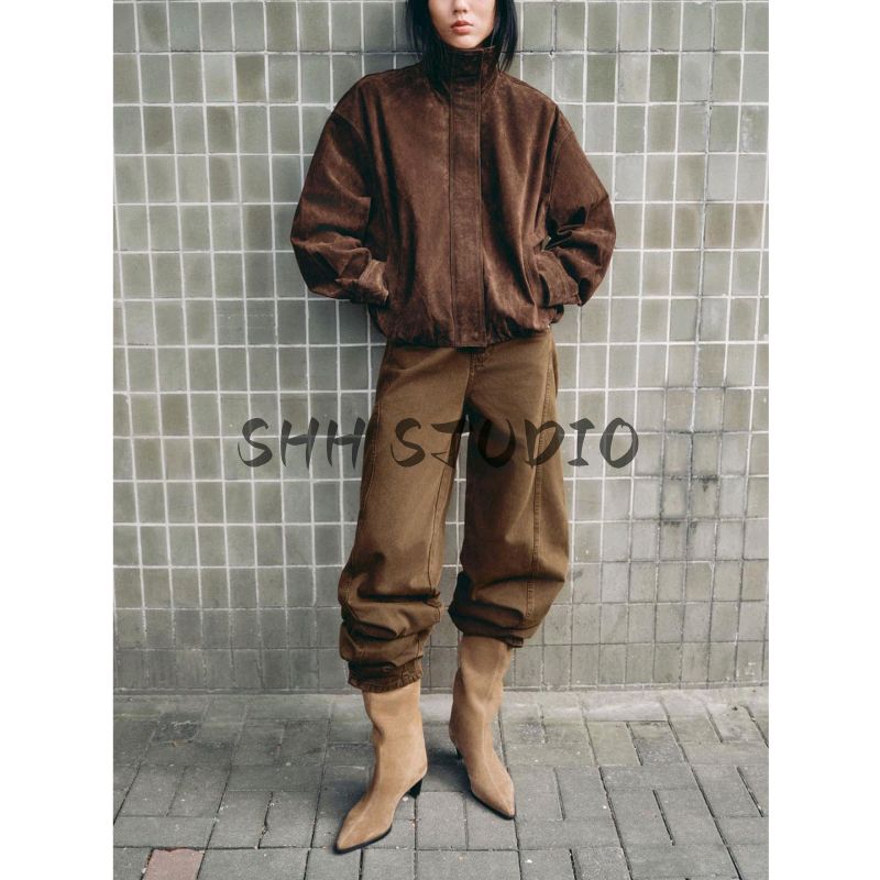 Autumn New Women clothes Minimalist Elastic Hem Zip-up Suede Stand Collar Long sleeve Jacket 4341878