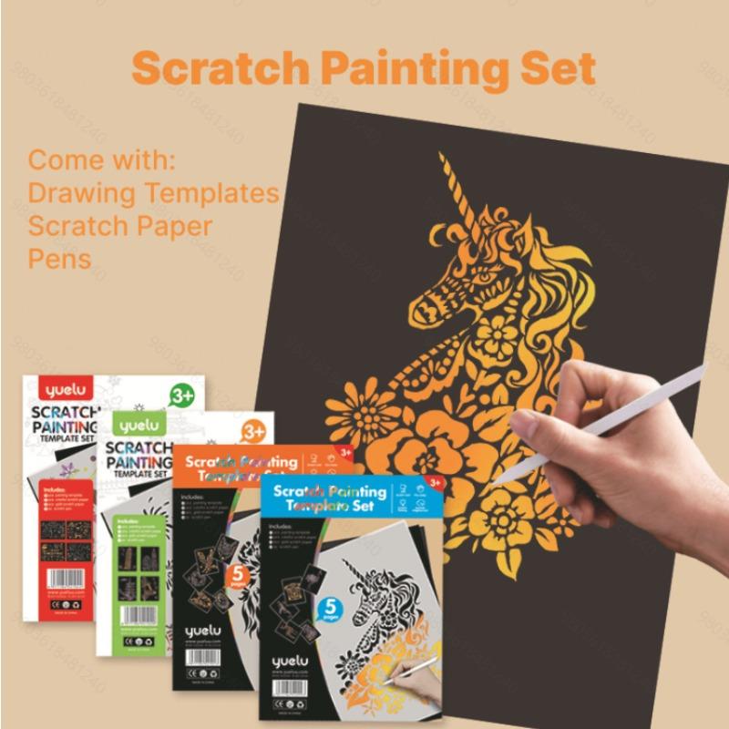 1set Scratch Painting Set with Templates, Magic Paper & Pens, Graffiti for Adults, Parent-Child Fun, Artists,  Students, Gift