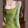 French Green Spaghetti Strap Dress for Women, New Summer Seaside Vacation-style Long Skirt, Casual and Slimming Outfit