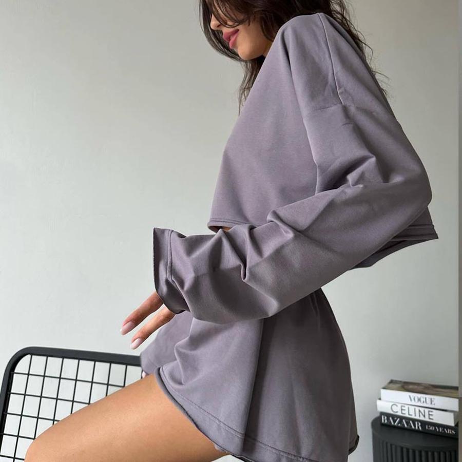 Women's Casual Loose Sports Set Long Sleeve Sweatshirt Top Shorts Two Piece Pajama Home Clothes