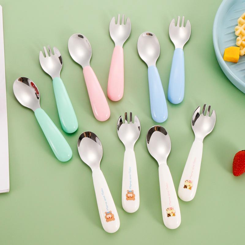 2pcs/Set Baby Gadget Tableware Children Utensil Stainles Steel Toddler Dinnerware Cutlery Cartoon Infant Food Feeding Spoon Fork