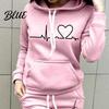 Thick 2 Pcs/Set Lady Tracksuit Heart Print Warm Hoodie Suit Breathable Solid Color for Daily Wear Autumn