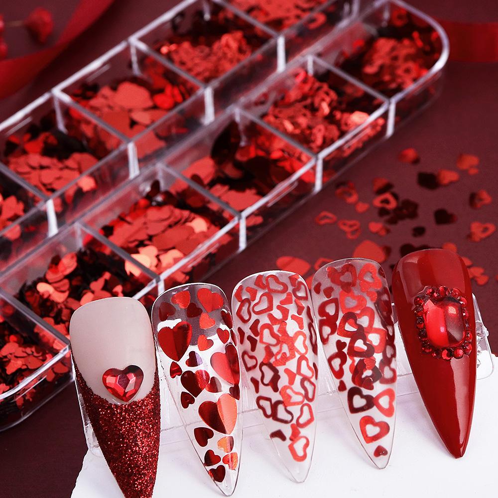 12 Gitter Valentinsrot Liebesherz Pailletten Nailart Flocken Kreuze Dekoration für Gel-Maniküre Zubehör Nagelstylist Zubehör