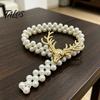 Light Luxury Curtain Decor Deer Head Tieback, Faux Pearl Beaded Stretch Holder, Decorative Holders Adjustable Holdback for Bedroom Living Room Window
