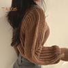 Autumn Winter Knitting Tops Round Neck Puff Long Sleeve Solid Color Loose Fit Casual Top Ribbed Trim Pullover Sweater