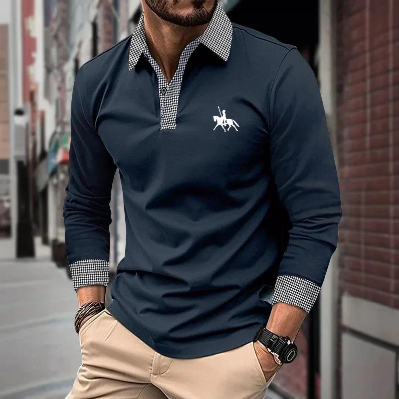 

Long-sleeved Men s Polo Shirt Classic Business Office Men s T-shirt Street Casual Fashion Solid Color Top S темно-синього кольору