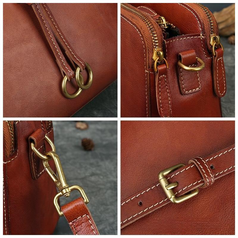 Three-compartment Crossbody Bag, Genuine Leather Retro Style Handcrafted Single-shoulder Small Square Bag