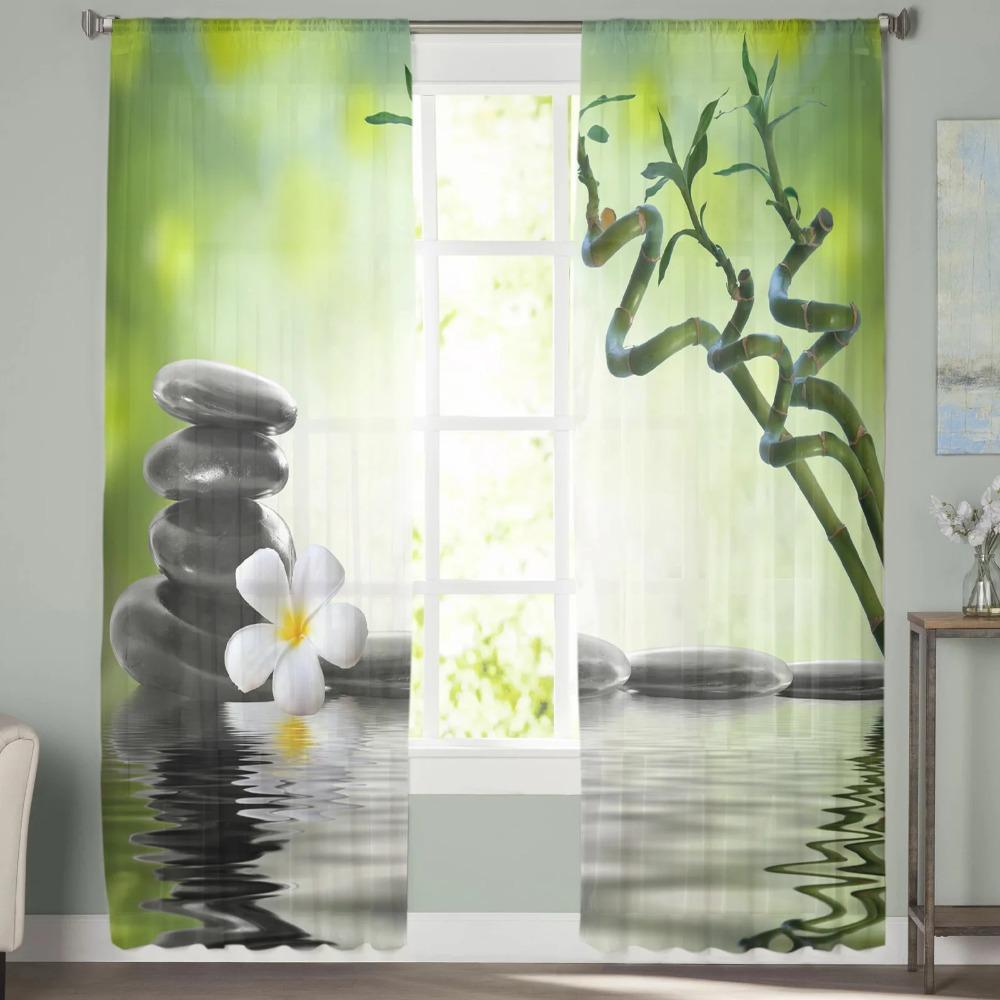 Orchideensteine Bambus Zen Tüllvorhänge für Wohnzimmer Schlafzimmer Dekoration Modern Chiffon Transparent Voile Küchenfenstervorhang