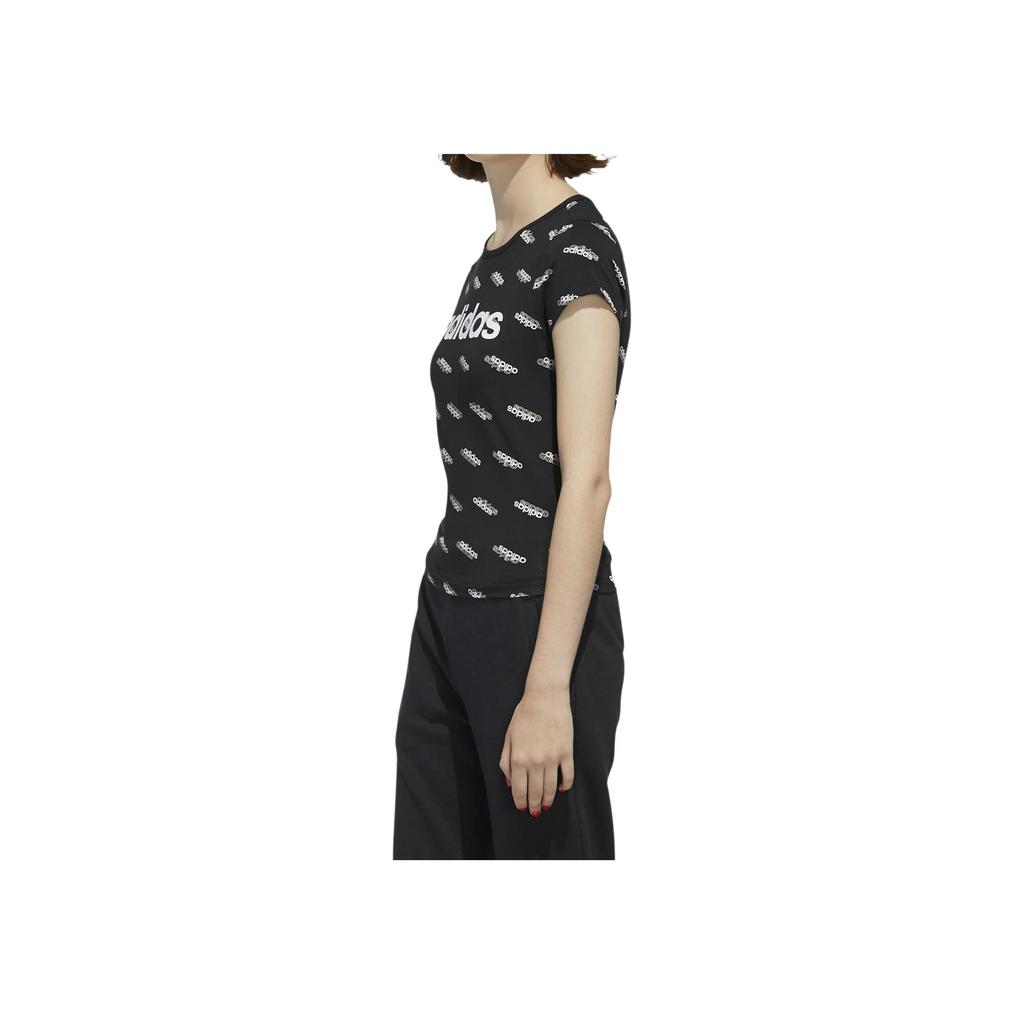 Adidas Sports Lifestyle Series Logo All Over Print Design Round Neck Breathable Casual Short Sleeve T-Shirt Women T-Shirts Black FM6191