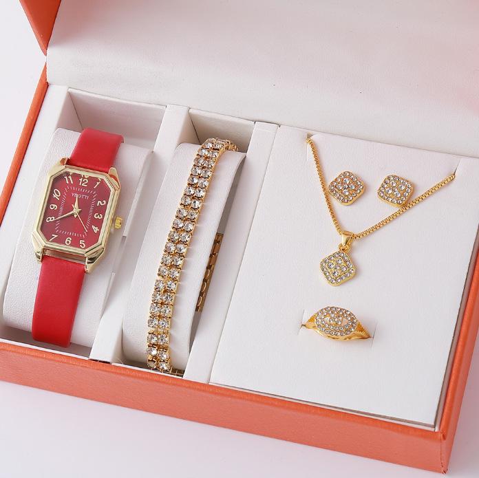 New Explosive Trend Leather Women'S Watch Square Korean Version Rhinestone Love Jewelry Set Watch