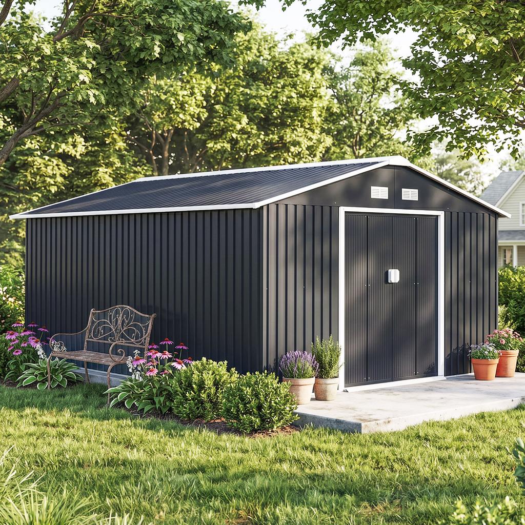 Capanno da Giardino, 12,4 m², 340 x 386 x 200 cm, 2 Porte Scorrevoli, Grigio Scuro