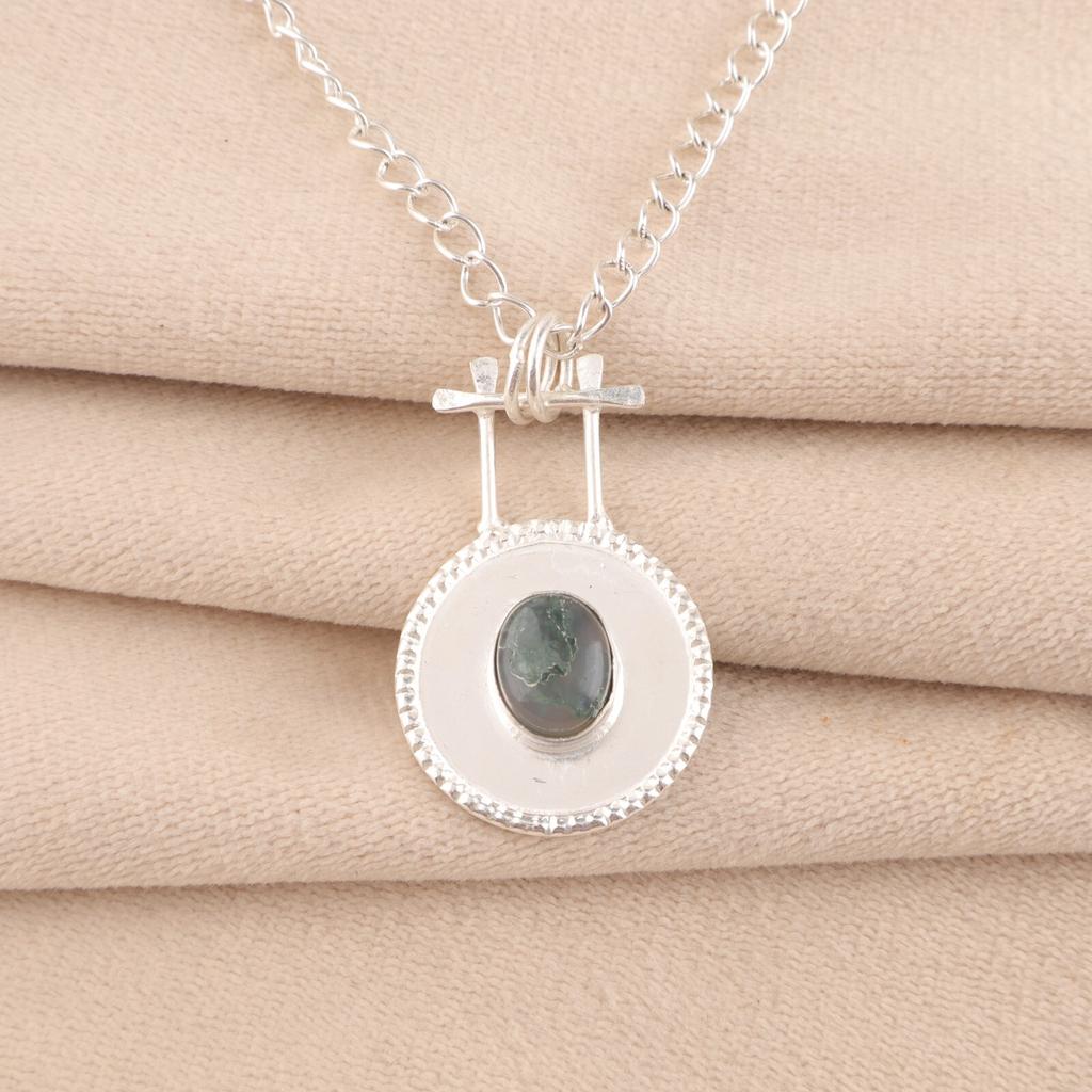 Natural Moss Agate Gemstone 925 Sterling Silver Jewelry Handcrafted Pendant 1.4" PP-57-27