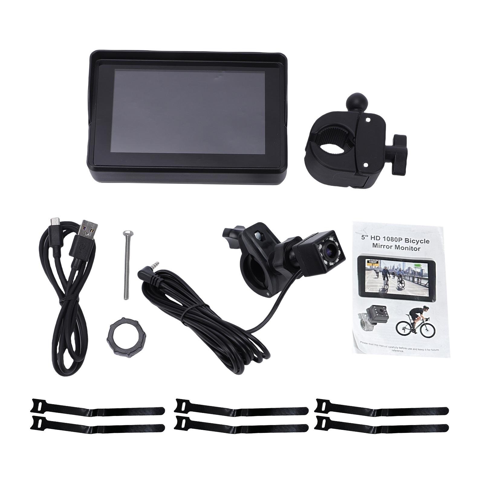 Tomtop Jms Dark Handlebar Bike Mirror, 1080P Bicycle Rear View Camera With 5 Monitor, Night Vision, 110 Degrees Wide Angle View,
