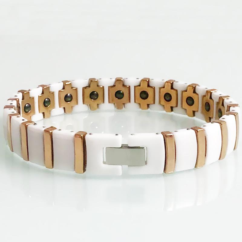 Rose Gold Color Steel White/Black Ceramic Chain Link Bracelet for Men Women Bio Germanium Magnetic Wristband Femme Jewelry