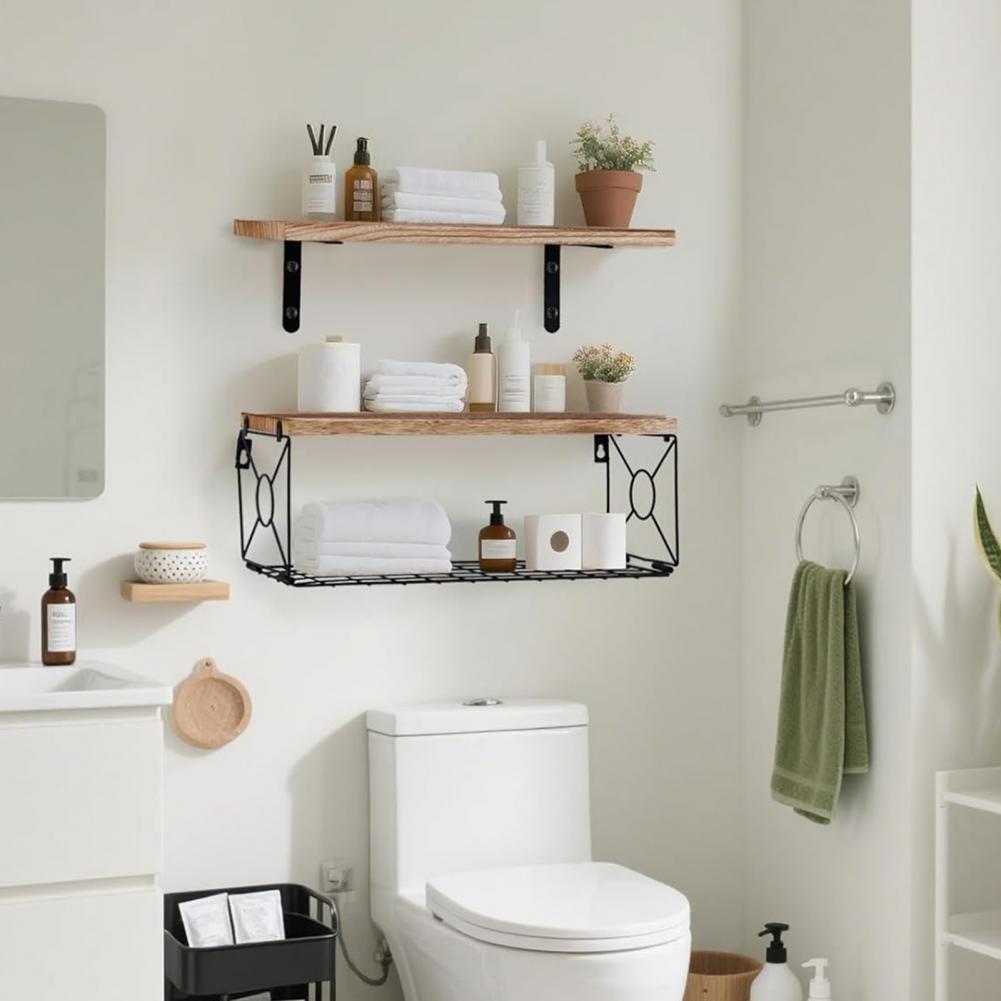 Wall Mounted Shelf Rustic Wooden Bathroom Wall Shelf with Metal Basket Over Toilet Floating Storage Organizer Rack for Home