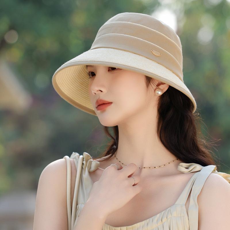 Sun Protection Hat Women'S High-End Sense Elegant Splicing Straw Bucket Hat Outdoor Sun Protection Cover Hat Lafite Straw Hat