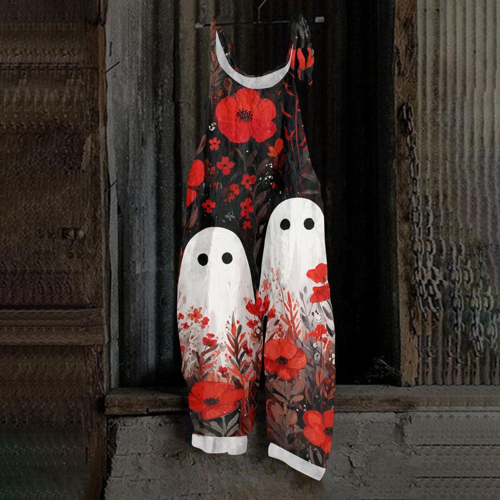 Women's Loose Casual Vintage Style Cotton Linen Overalls with Adjustable Straps and Pockets Halloween Inspired Graphic Print Jumpsuit
