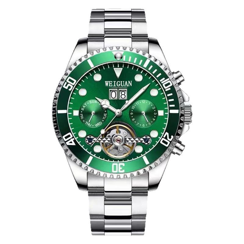 Green Ghost Automatic Tourbillon Men's Watch with Multifunctional Calendar, Luminous Features, and Waterproof Design.