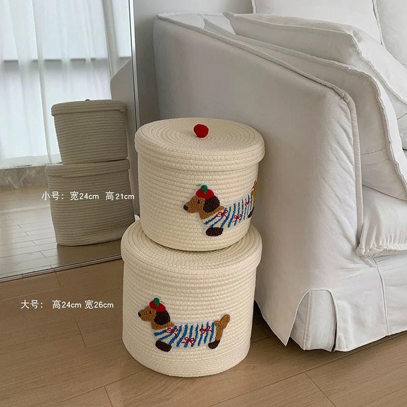 Cotton Rope Storage Basket With Lid Desk Living Room Kids Toys Remote Controllers Stationery Small Items Dog Shape Organizer