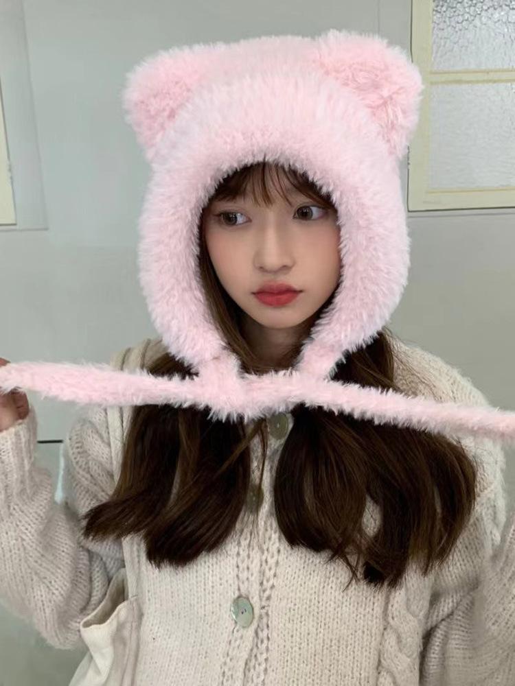 Cute Plush Bear Ears Hat Female Autumn and Winter Warm Ear Protection Big Head Circumference Shows a Small Tide