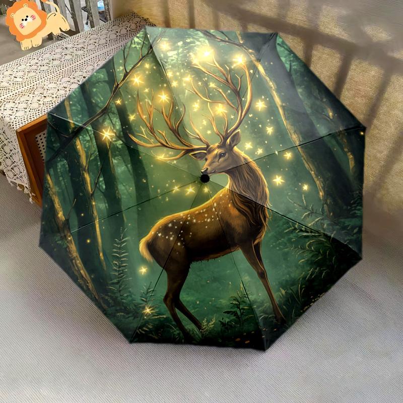 1 PC Automatic Folding Umbrella - Forest Deer Pattern, Portable & Foldable Design with 8 Ribs, Christmas Birthday Gifts