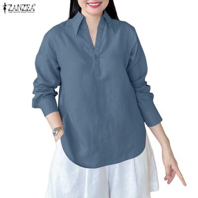 Women Casual Turn Down Collar 3/4 Sleeve Loose Blouse