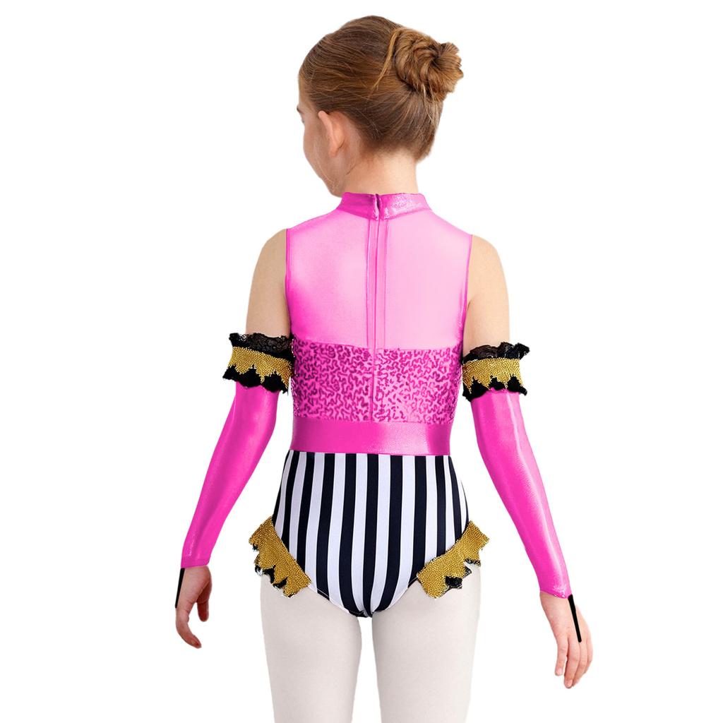 Tuta da Circo per Bambini Patchwork con Paillettes Decorazione in Nastro Dorato Maniche Lunghe Metalliche Lucide Abbinate