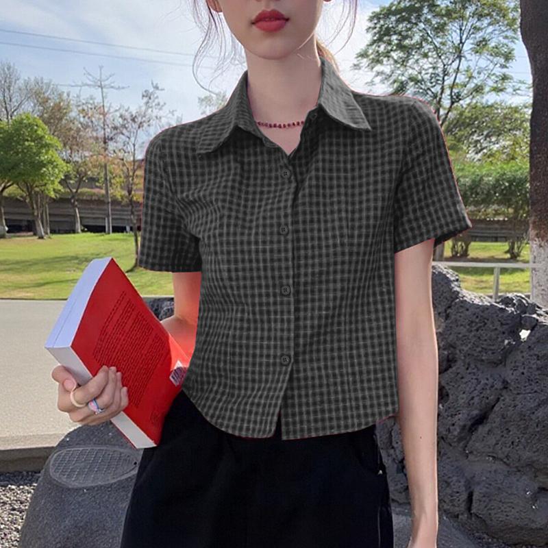 ZANZEA Women Casual Turn Down Collar Short Sleeve Grid Print Blouse