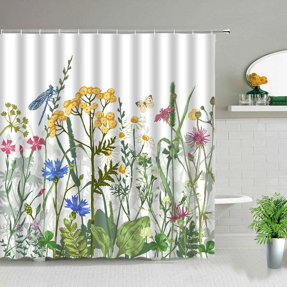 Pink Flower Plant Scenery Shower Curtains Rose Tulip Butterfly Spring Landscape 3d Printing Bathroom Waterproof Bath Curtain Set