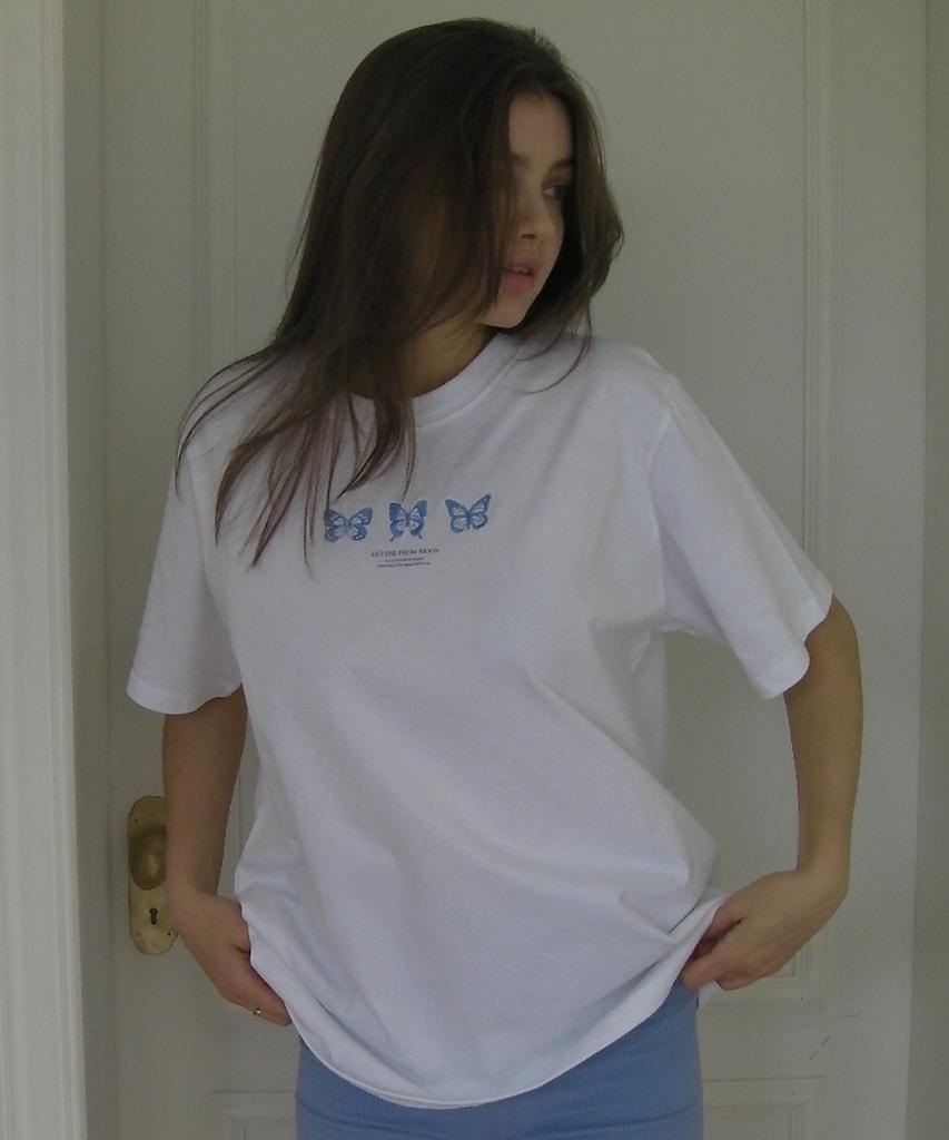 LETTER FROM MOON Triple Butterfly Embroidery Oversized Short Sleeve T-Shirt (White & Blue)
